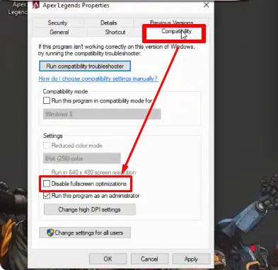 apex Disable Full-Screen Optimization